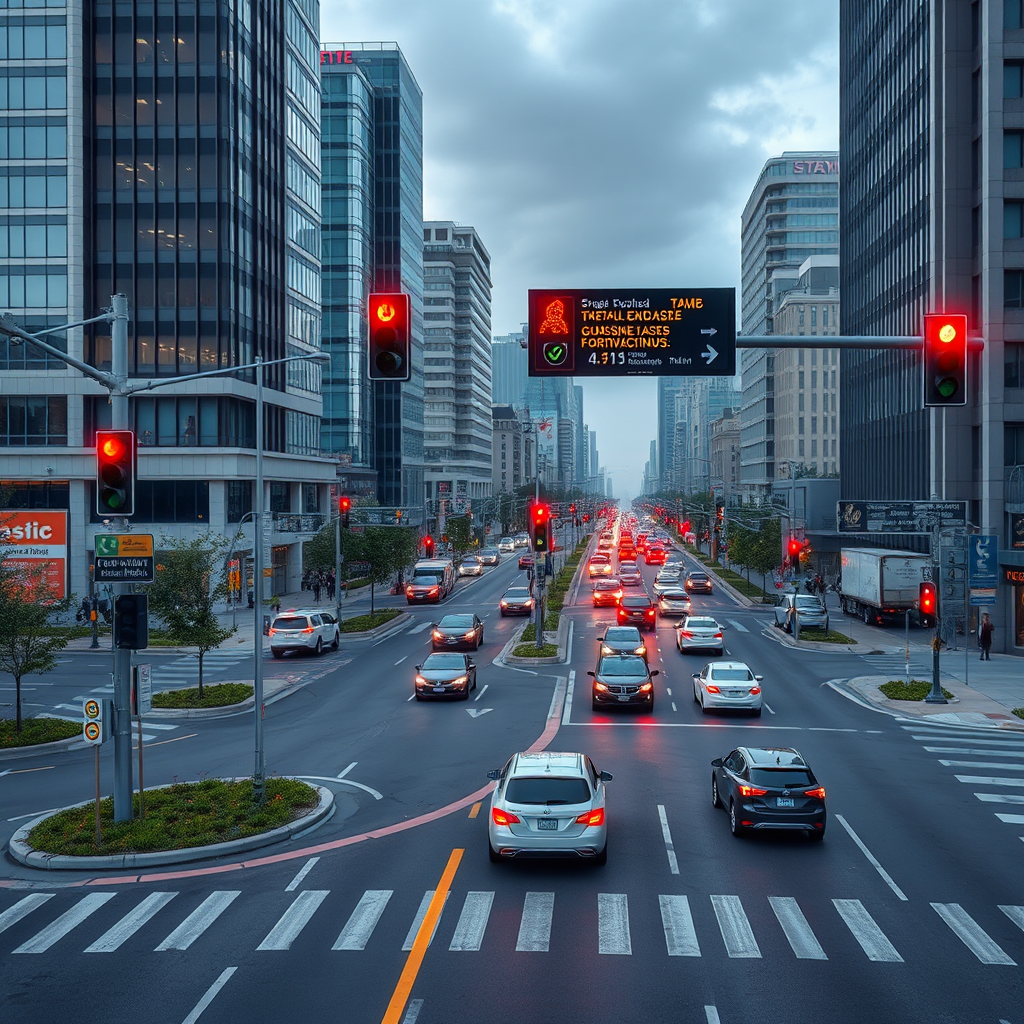 Futuristic smart traffic intersection with AI-powered signals, digital displays showing real-time traffic data, autonomous vehicles navigating through optimized traffic flow in a modern downtown area