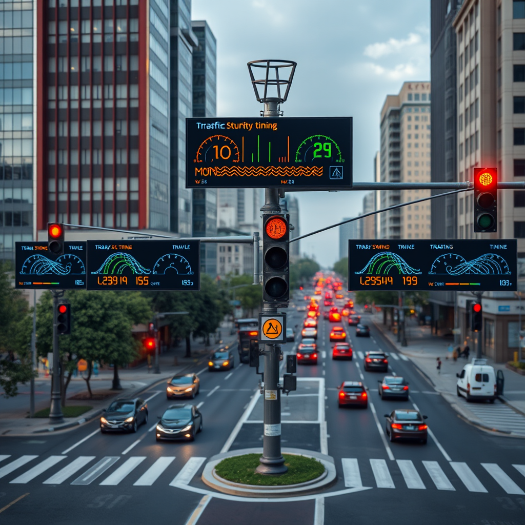 AI-powered traffic management system with digital displays showing real-time traffic flow optimization and adaptive signal timing in a modern urban intersection