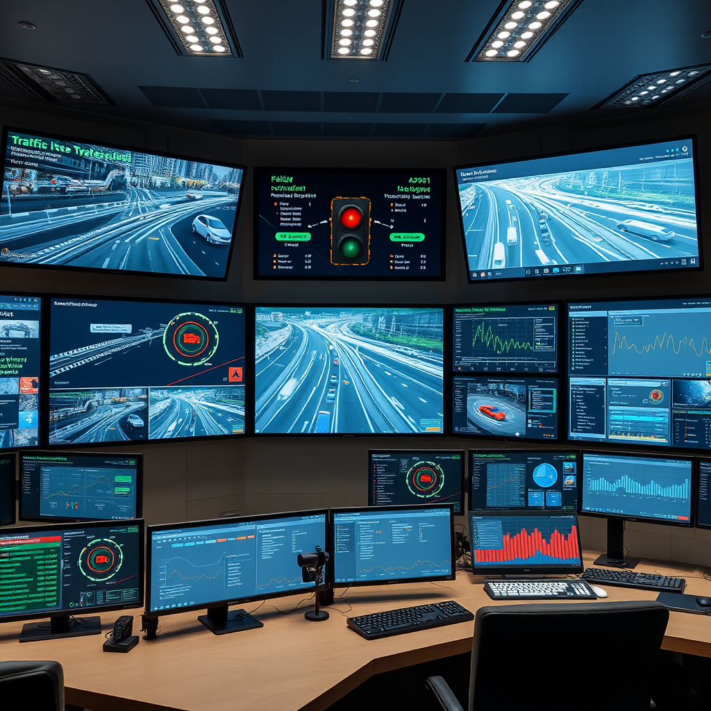 Modern AI-powered traffic control center with multiple screens showing real-time traffic data, adaptive signal timing interfaces, and predictive analytics dashboards in a smart city command room