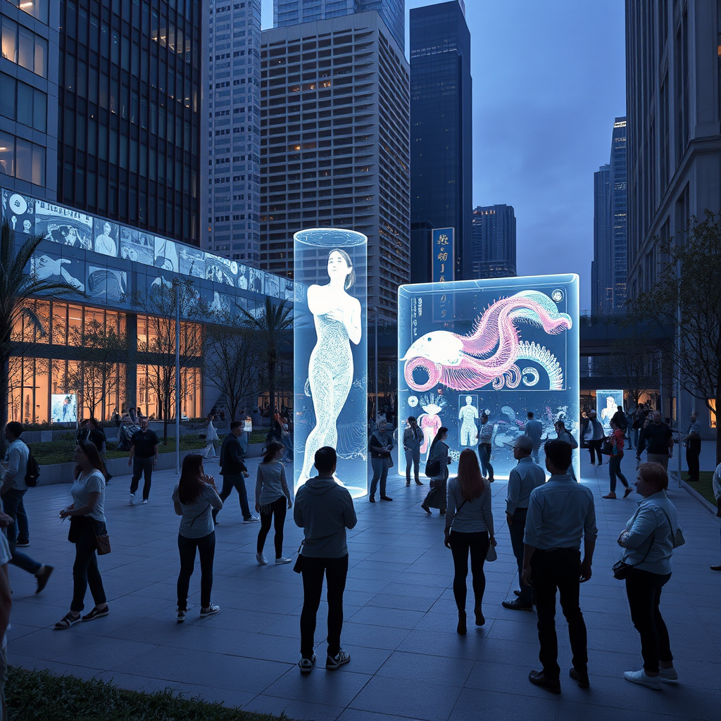 Futuristic augmented reality installation in a modern city plaza with people interacting with holographic displays and digital art projections in an urban park setting