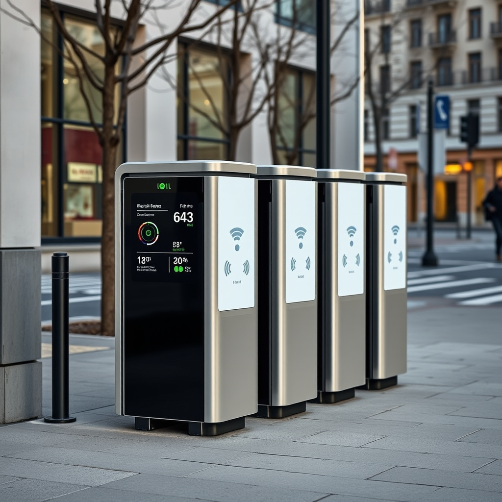 Modern smart waste bins with IoT sensors installed on a clean city street, featuring digital displays showing fill levels and wireless connectivity indicators