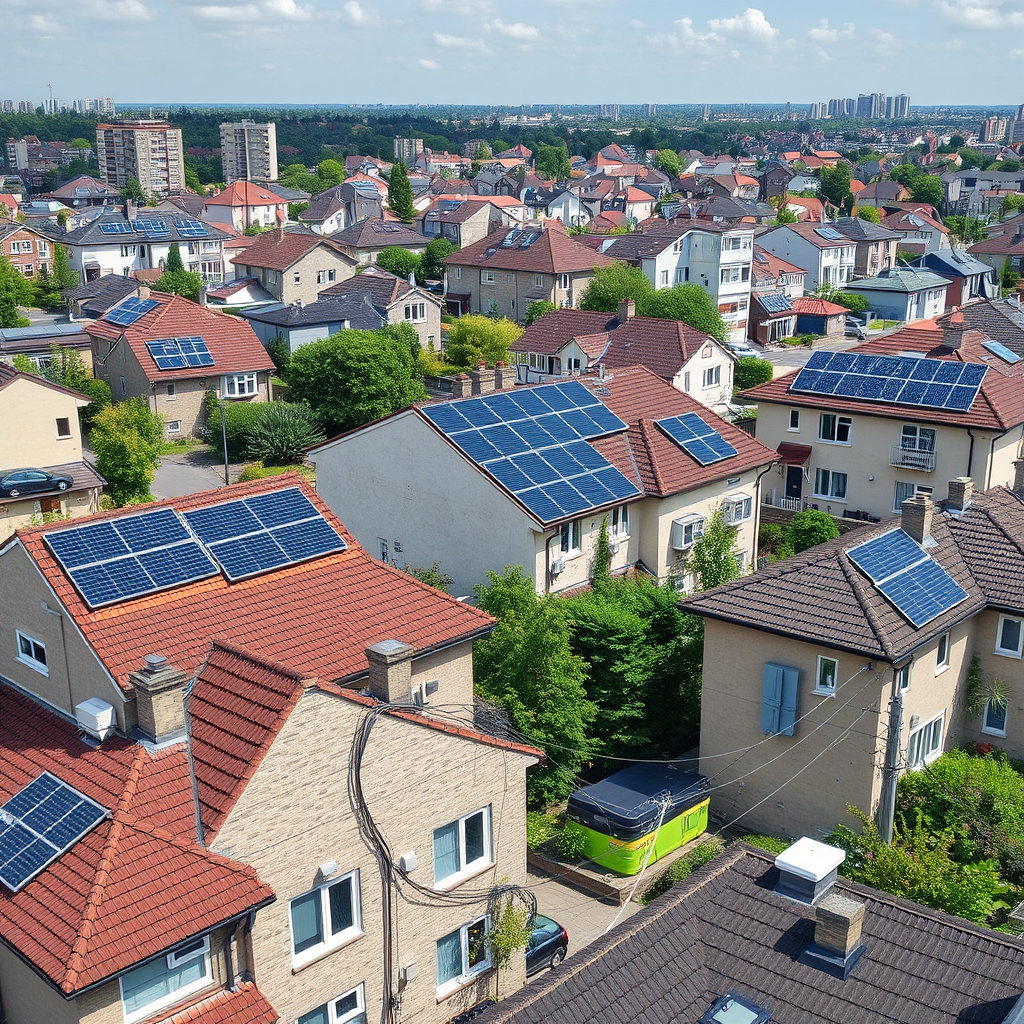 Modern urban microgrid infrastructure showing solar panels on rooftops, battery storage systems, and smart grid connections between residential buildings in a sustainable neighborhood