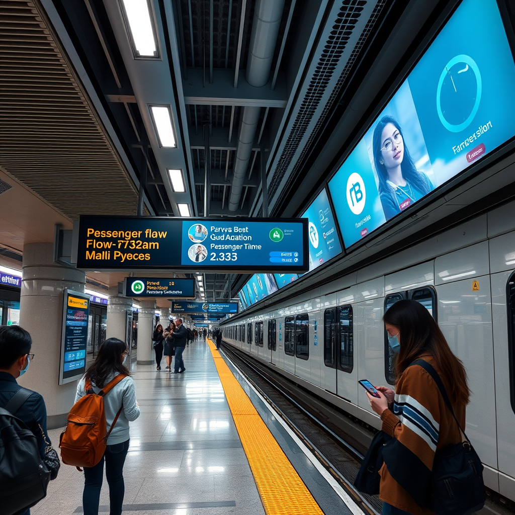 Modern smart city transit hub with digital displays showing real-time passenger flow data, LED guidance systems, and commuters using mobile apps to navigate through a sleek underground station