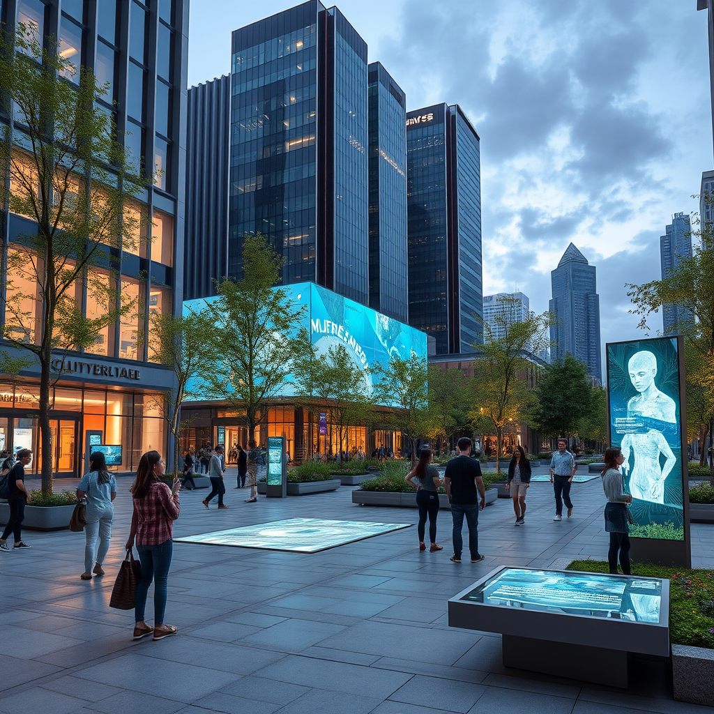 Modern urban park with augmented reality installations, interactive digital displays integrated into public spaces, people engaging with holographic information panels and virtual art installations in a contemporary city plaza