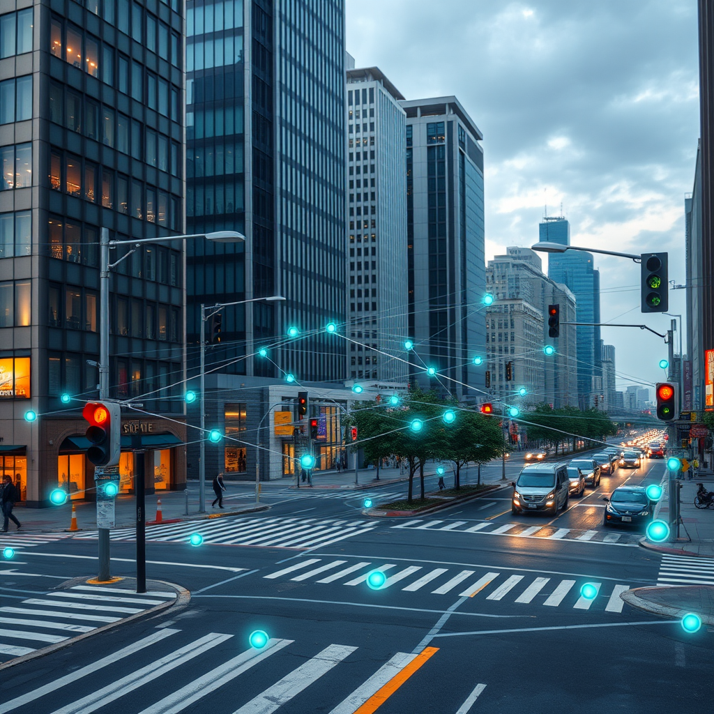 Network of smart traffic sensors and IoT devices installed at urban intersections, showing wireless connectivity patterns and data flow visualization in a modern city environment