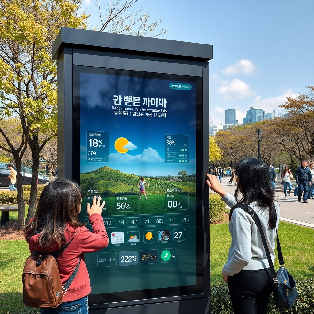 Interactive digital display panel in a Seoul public park showing community information, weather data, and citizen engagement features with people using touch interfaces