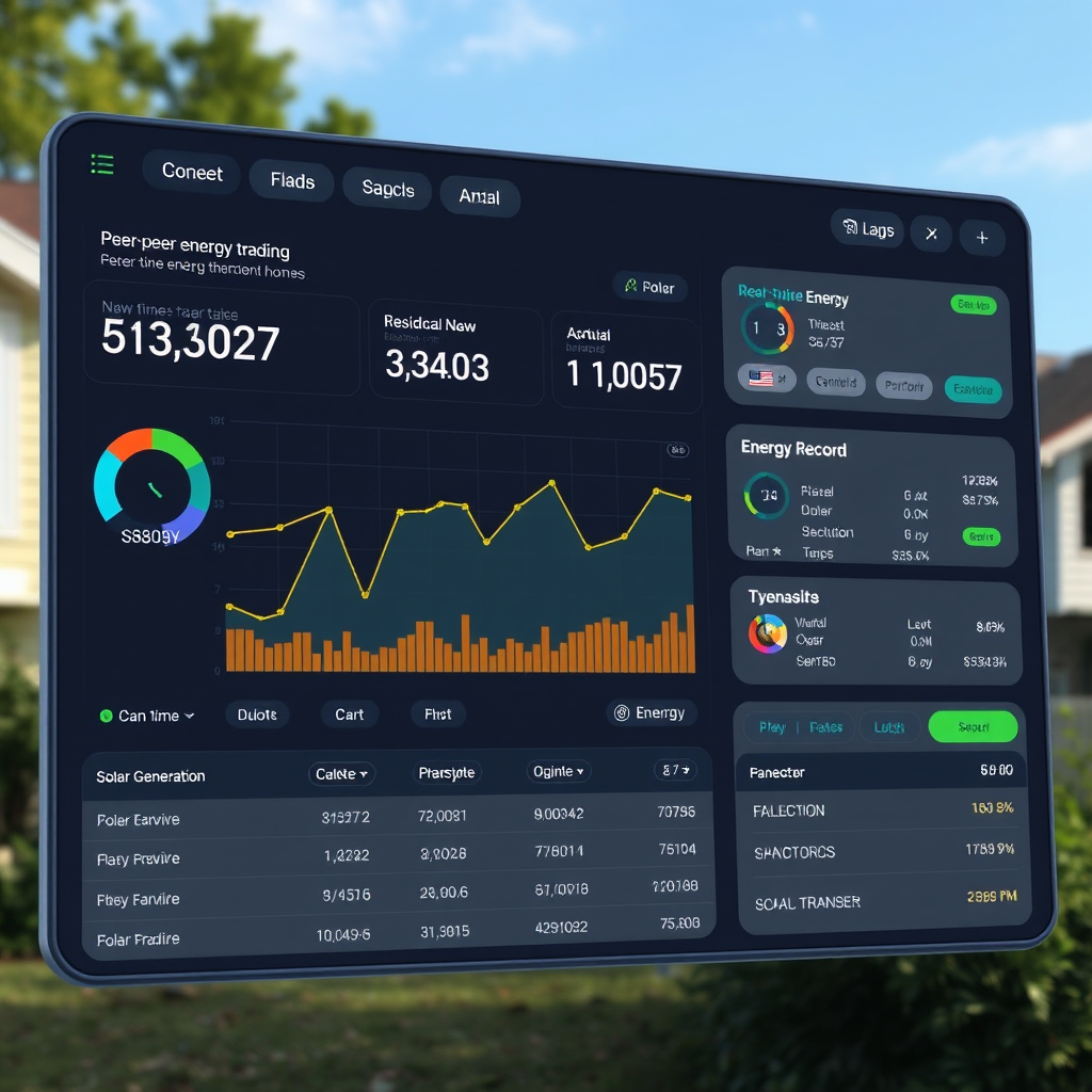 Digital interface showing peer-to-peer energy trading dashboard with real-time energy flows between residential homes, solar generation metrics, and blockchain-based transaction records