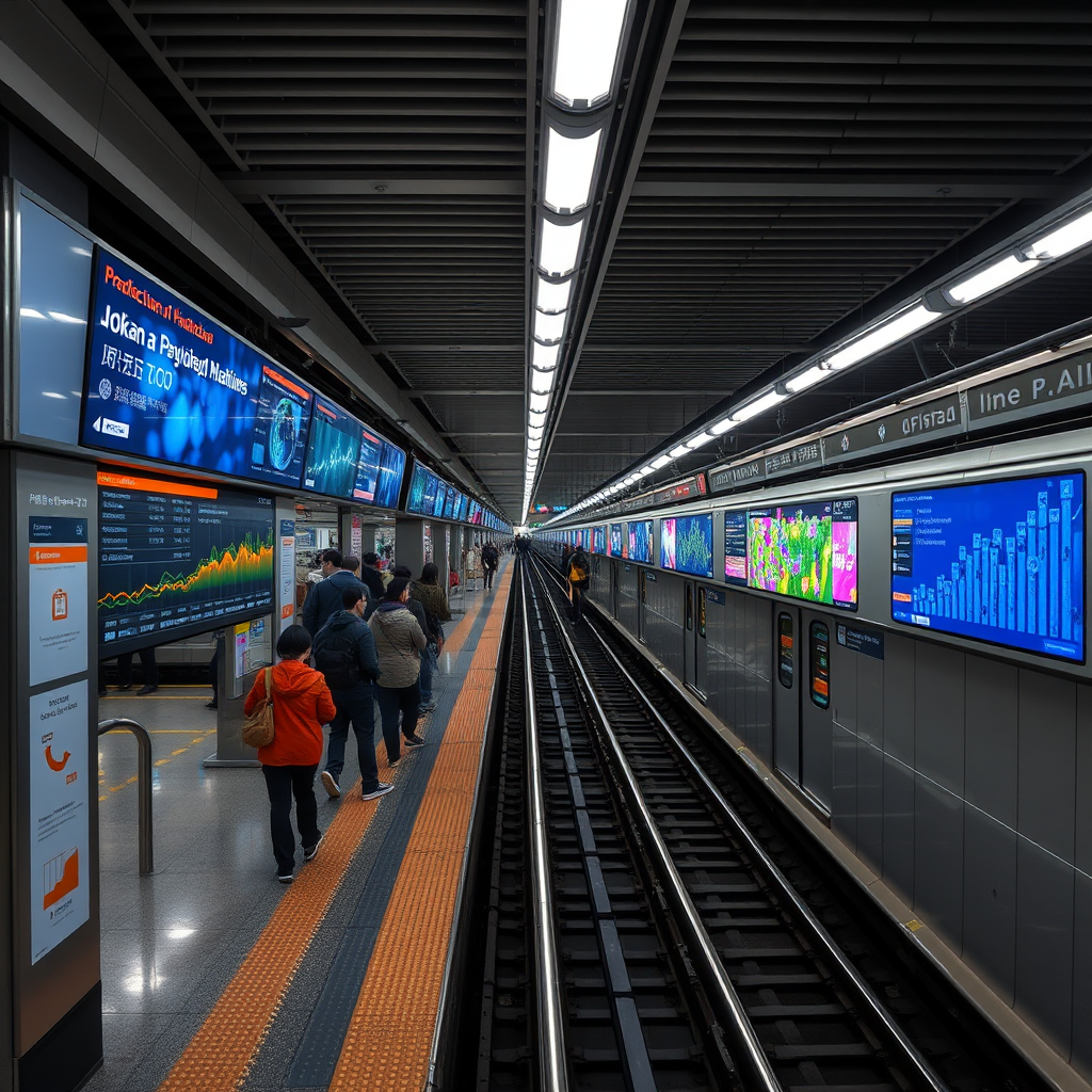 Tokyo subway station with advanced digital displays showing predictive passenger flow analytics, heat maps of crowd density, and AI-powered guidance systems integrated into the platform architecture