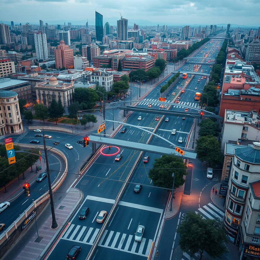 Aerial view of Barcelona's smart traffic system showing adaptive traffic lights, sensor installations, and real-time traffic flow optimization across the city's main thoroughfares