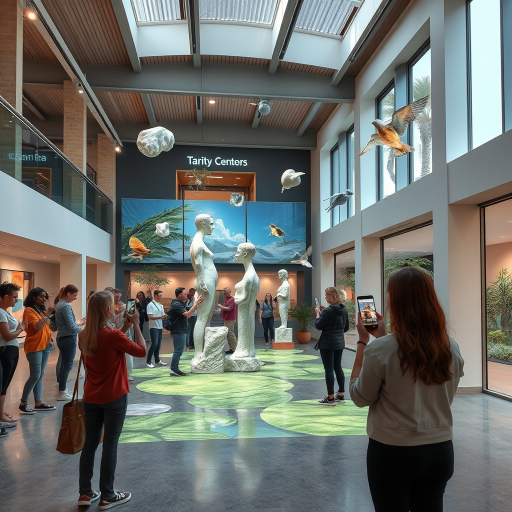 Augmented reality art installation in a modern community center with visitors using smartphones and tablets to interact with virtual sculptures and digital art pieces floating in the space