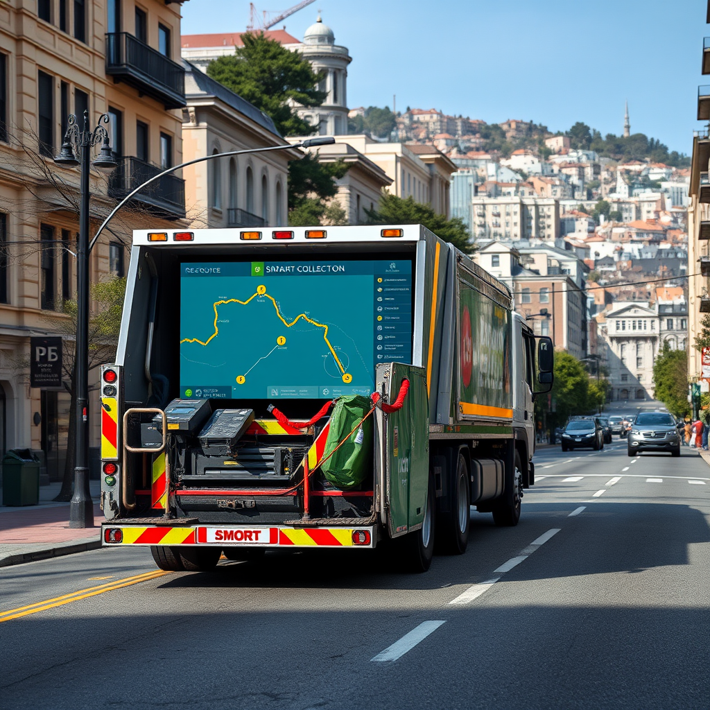 San Francisco waste collection truck with digital route optimization display navigating through hilly city streets with smart bins visible along the route