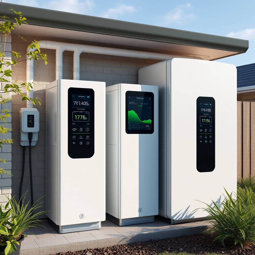Modern residential battery storage facility with sleek white units and digital monitoring displays showing charge levels and energy flow patterns