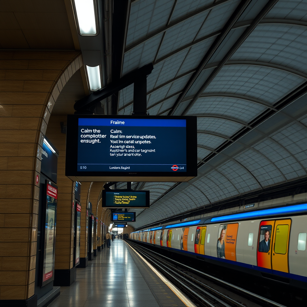 London Underground station with empathetic digital signage displaying calming messages, real-time service updates with emotional context, and ambient lighting systems that respond to crowd stress levels
