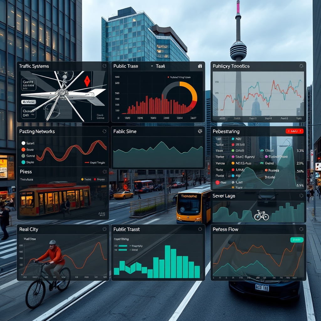 Toronto's integrated urban mobility dashboard showing real-time data from traffic systems, public transit, bike-sharing networks, and pedestrian flow analytics in a unified smart city interface