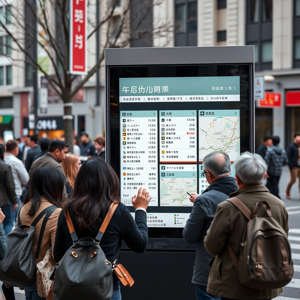 Modern digital information kiosk in a busy city plaza displaying multilingual community information, transit schedules, and interactive maps with citizens of various ages using the interface