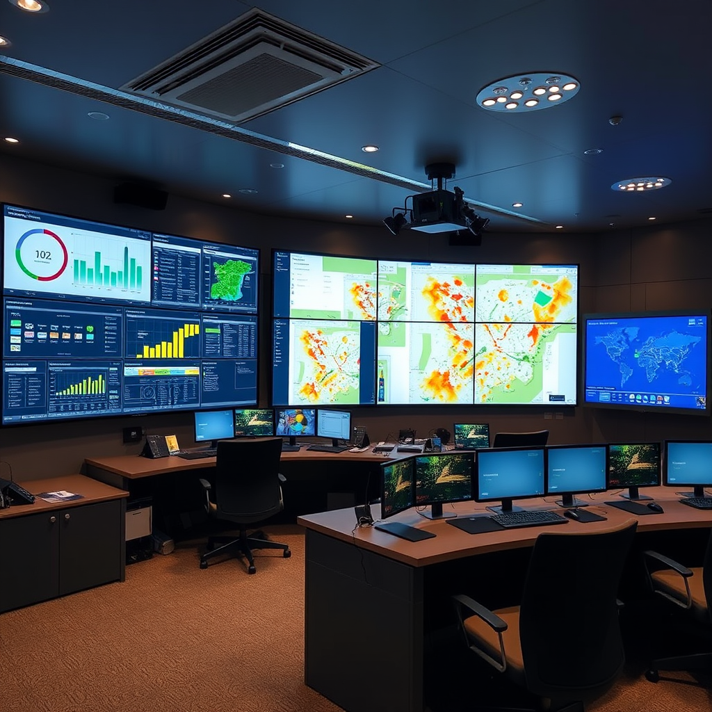 Modern control room in Tel Aviv showing large screens with real-time waste management analytics, heat maps, and collection route optimization displays