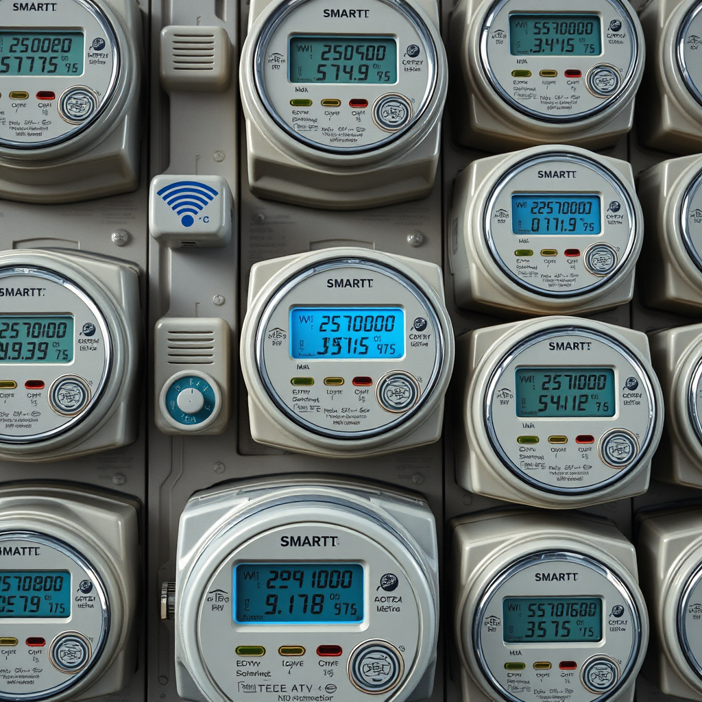 Array of smart electricity meters with digital displays and wireless connectivity indicators, showing real-time energy consumption data and grid communication status