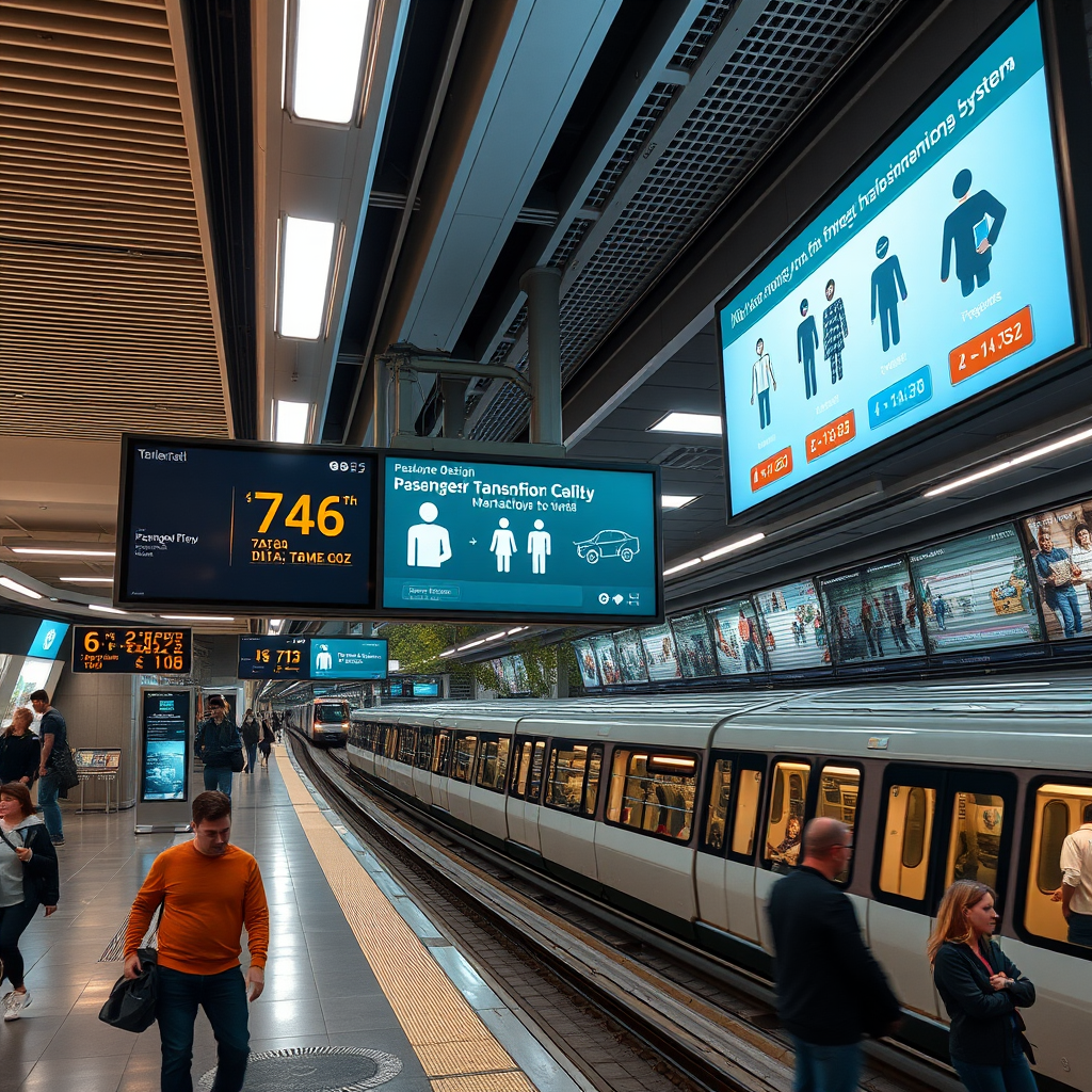 Modern public transit station with digital displays showing behavioral design elements, passenger flow indicators, and real-time crowd management systems