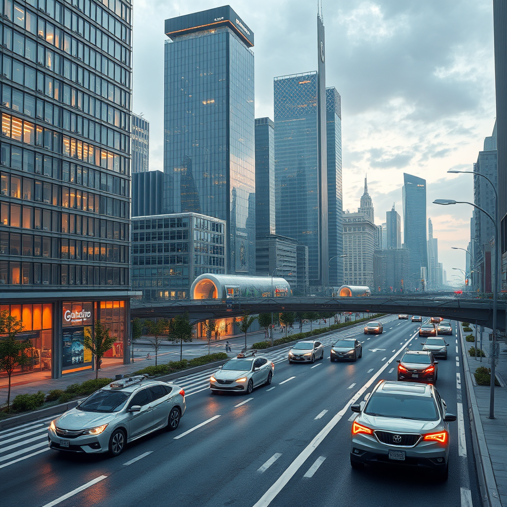 Futuristic smart city visualization showing autonomous vehicles, adaptive infrastructure, connected buildings, and integrated mobility systems creating a seamless urban environment