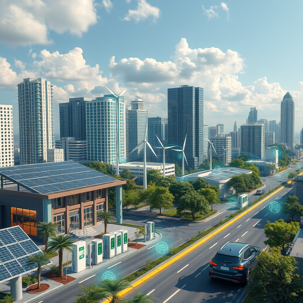 Futuristic cityscape showing integrated renewable energy systems with solar panels, wind turbines, electric vehicle charging stations, and digital energy flow visualizations connecting smart buildings